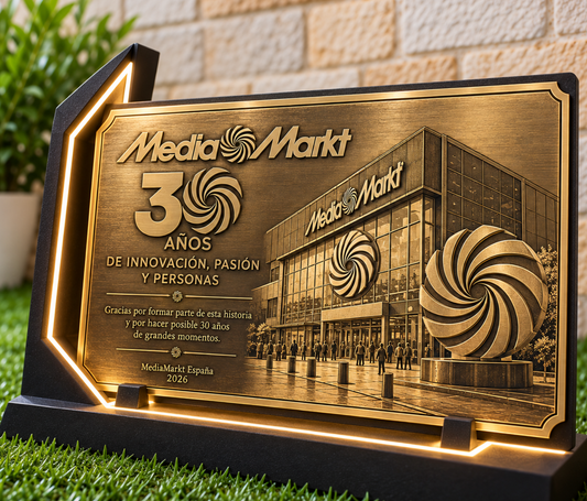 Placa Conmemorativa Premium con Expositor 3D e Iluminación