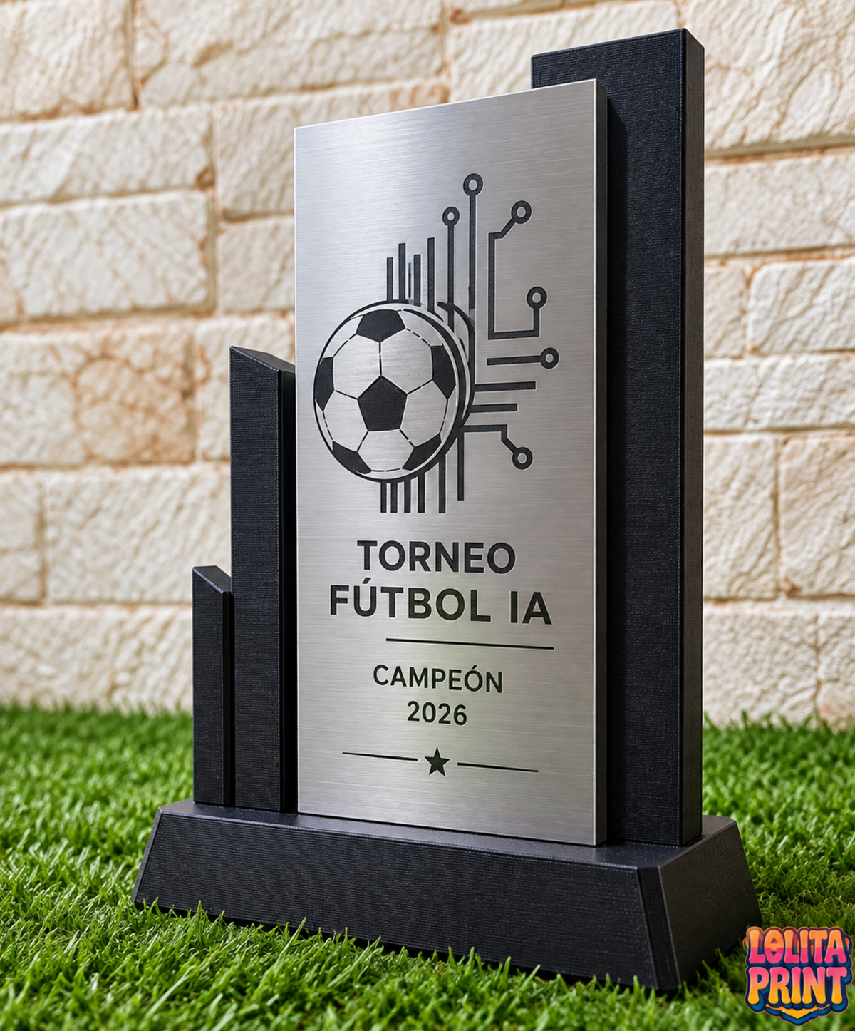 Trofeo Vertical Personalizado · Metal + Impresión 3D